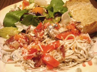 Pasta Alfredo with Garlic Bread and Salad Recipe